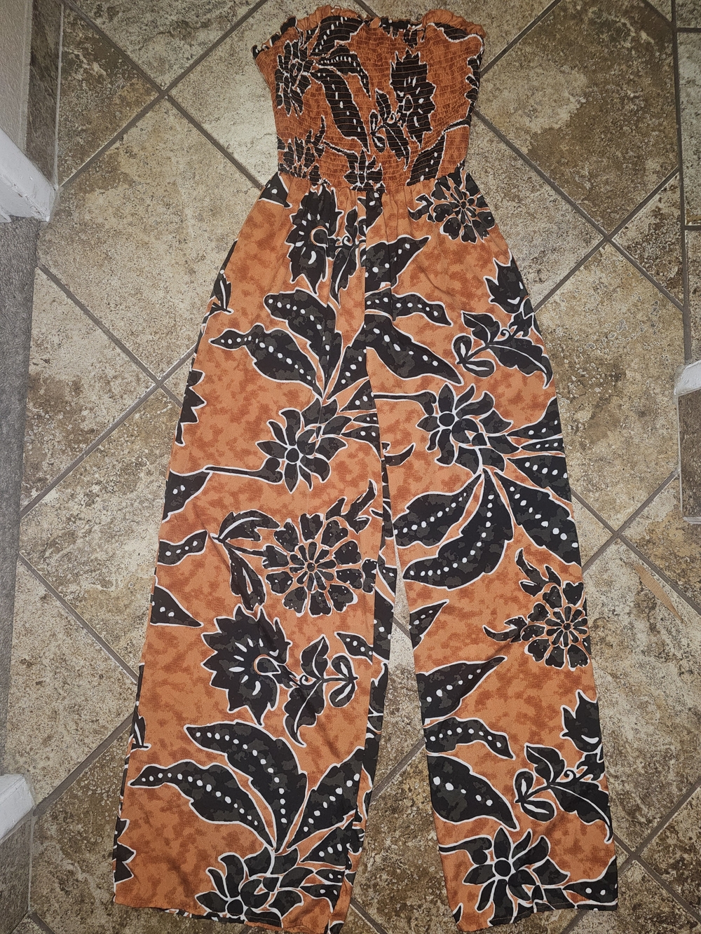 Strapless Wide-Leg Floral Jumpsuit in Rust Orange